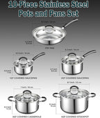 Cook N Home Stainless Steel Cookware Sets 10-Piece, Pots and Pans Kitchen Cooking Set with Stay-Cool Handles, Dishwasher Safe, Silver