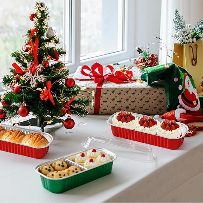 Mini Loaf Pans with Lids and Spoons Sealing Sticker,30 Pcs 6.8oz Cake Pans for Baking Disposable Aluminum Foil Christmas Red cake pan (30 Pack Red)