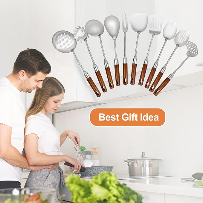 304 Stainless Steel Cooking Utensils Set with Wood Handle,10 Piece Metal Kitchen Utensils Dishwasher Safe Heat Resistant Serving Utensil Wok Tools (13-14in)