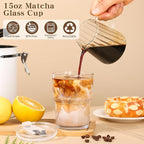 15oz Iced Coffee Cups with Lids Reusable,4Pcs Glass Matcha Cups,Glass Cups with Lids and Straws,Clear Glass Coffee Tumbler for Drinking Water,Tea,Juice
