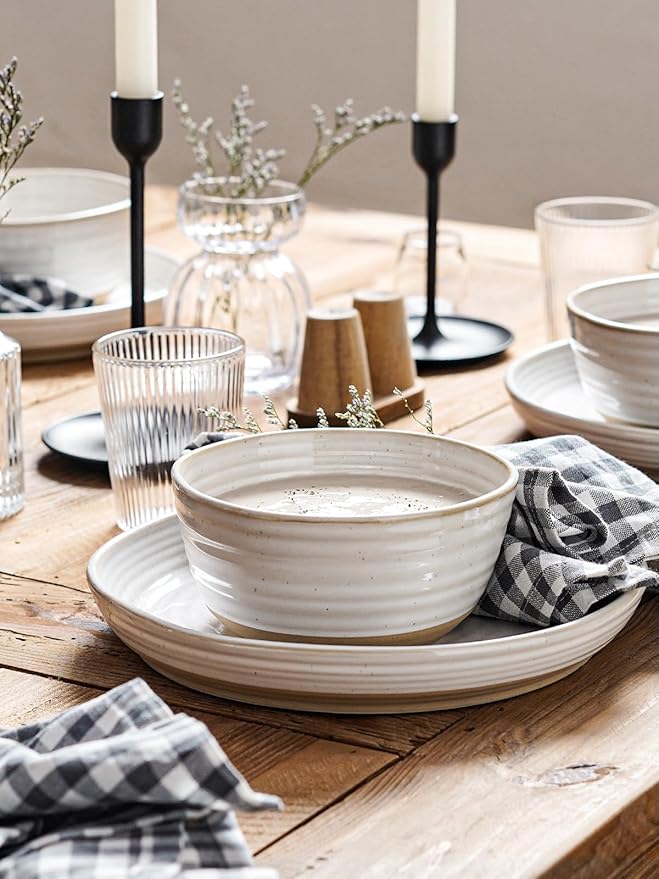 LE TAUCI Plates and Bowls Sets for 4, 16 Piece Stoneware Dinnerware Sets with Mugs, Ceramic Kitchen Dish Set, Chip Resistant, Microwave & Dishwasher Safe, Arctic White