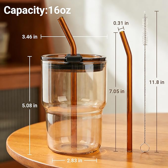 Luxfuel 16 oz Glass Tumbler with Lid & Straw, Reusable Iced Coffee Cup & Smoothie Cup, Leak-Proof Borosilicate Glass for Coffee, Iced Tea, Water – 1 Pack, Ideal for Office, Home & Travel, Iridescent