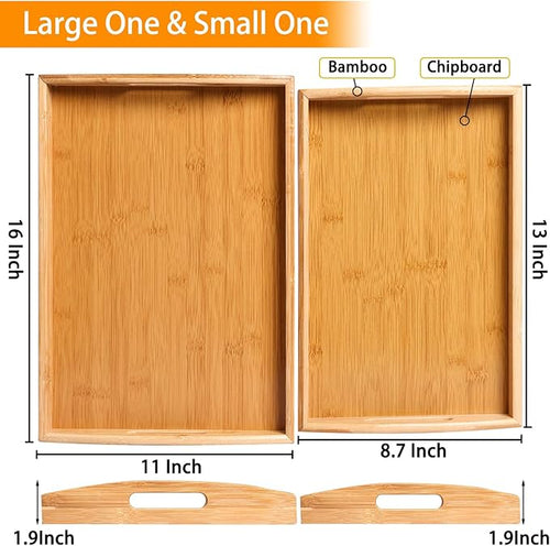 2-Pack Bamboo Serving Trays with Handles, 16" and 13", Decorative Food Tray Set for Breakfast, Coffee, Tea, Snacks, Ideal for Coffee Table, Ottoman, Living Room & Kitchen