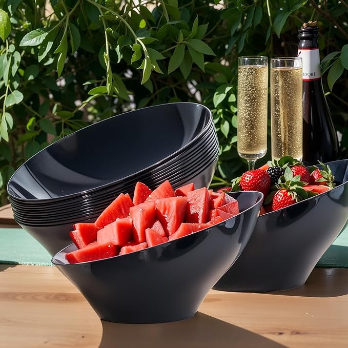 bUCLA 12 Pack Black Plastic Serving Bowls - 54 OZ Angled Bowls Disposable for Chip&Candy - Party Table Salad and Fruit for Party, Wedding & Graduation