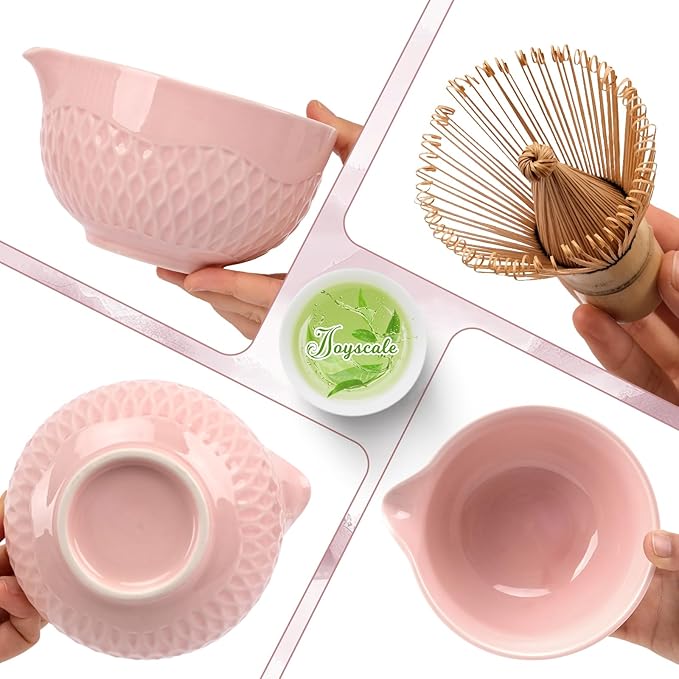 Joyscale Matcha Whisk Set, Matcha Set Whisk And Bowl, 8 Pcs Matcha Kit Set(Texture Design), 16 OZ, Japanese Matcha Tea Set, Matcha Making Kit Gifts for Tea Lovers(Pink)