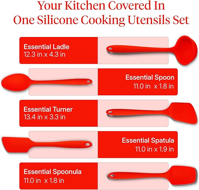 GIR 5-Piece Silicone Kitchen Utensils Set, Non-Toxic Cooking Utensils for Cooking and Baking, Heat Resistant, Food Grade, Dishwasher Safe Rubber Spatula, Ladle, Spoon - Fire Red