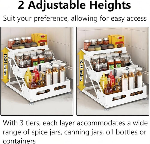 3 Tier Foldable Spice Rack for Countertop Iron Kitchen Seasoning Organizer for Cabinet, White