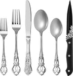 Runfly Retro Royal Silver 48 Pieces Flatware Set, Gorgeous Silver Silverware Set For 8, Anti-rust Stainless Steel dark Cutlery Set Utensils Including Fork Spoon and Knife