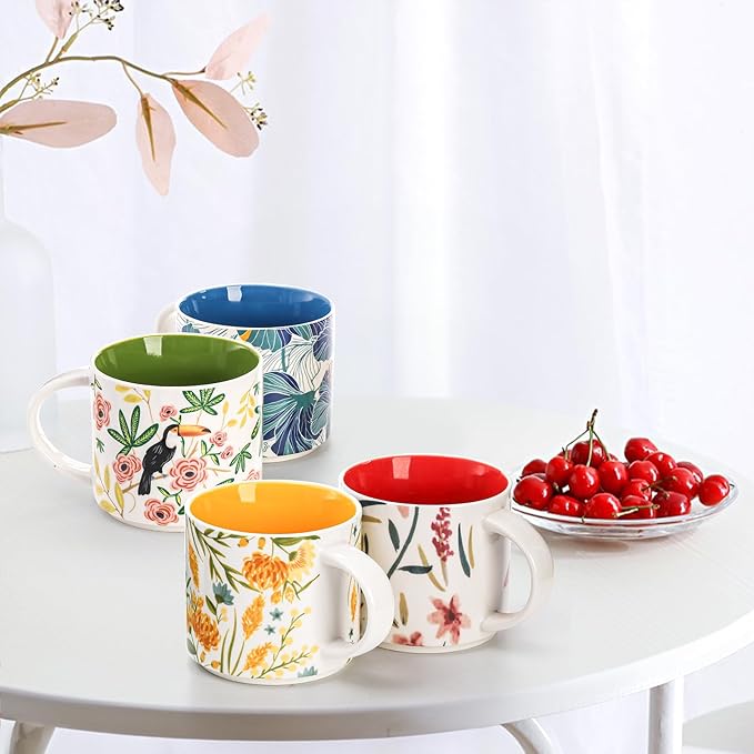Frcctre Set of 4 Ceramic Coffee Mug Set, Large 15 Ounce Ceramic Tea Cup with Handle, Vintage Hand Painted Floral Porcelain Mug Colorful Restaurant Mug for Coffee, Tea, Milk, Hot Cocoa