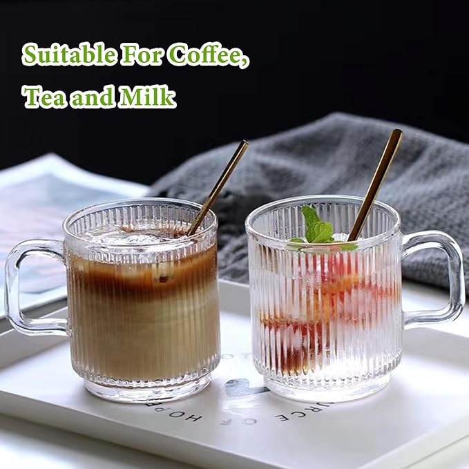 Mfacoy 4 PACK Glass Coffee Mugs with Handle & Spoon, 12 OZ Glass Coffee Cups with Bamboo Lid, Ribbed Glass Cups, Clear Tea Cup for Hot/Cold Beverages, Glassware Set for Americano, Latte, Cappuccino