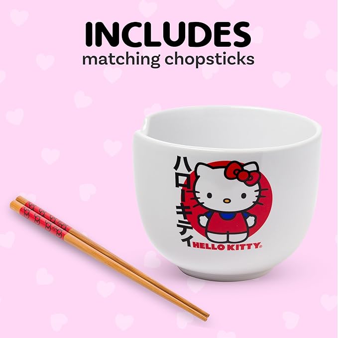 Silver Buffalo Sanrio Hello Kitty Japanese Ceramic Ramen Noodle Rice Bowl with Chopsticks, Microwave Safe, 20 Ounces