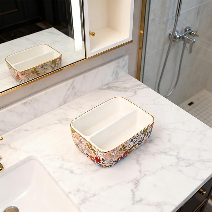 2 Compartments Ceramic Sponge Holder for Kitchen Sink, Cute Floral Countertop Dish Sponges Holder Soap Sink Organizer Farmhouse Caddy (Vintage Pink)