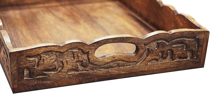 Hand Carved Wooden Serving Tray - Decorative Breakfast Tray with Handles - Rustic Wooden Food Tray with Intricate Detail - Unique Furnishing Accent - Natural Finish - 17 x 13 x 2.5 Inch - COTTON CRAFT
