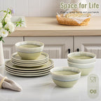 Dafuceramic Plates and Bowls Sets, 12 Pieces Grass Green Dinnerware Sets for Kitchen, Reactive Glaze Dishes Set for 4, Dishwasher and Microwave Safe, Series Starflecked Shore (Grass Green)