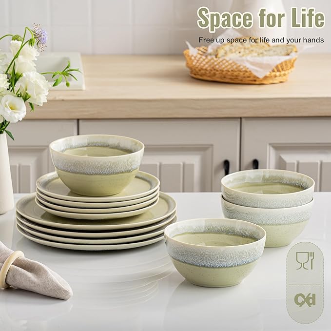 Dafuceramic Plates and Bowls Sets, 12 Pieces Grass Green Dinnerware Sets for Kitchen, Reactive Glaze Dishes Set for 4, Dishwasher and Microwave Safe, Series Starflecked Shore (Grass Green)