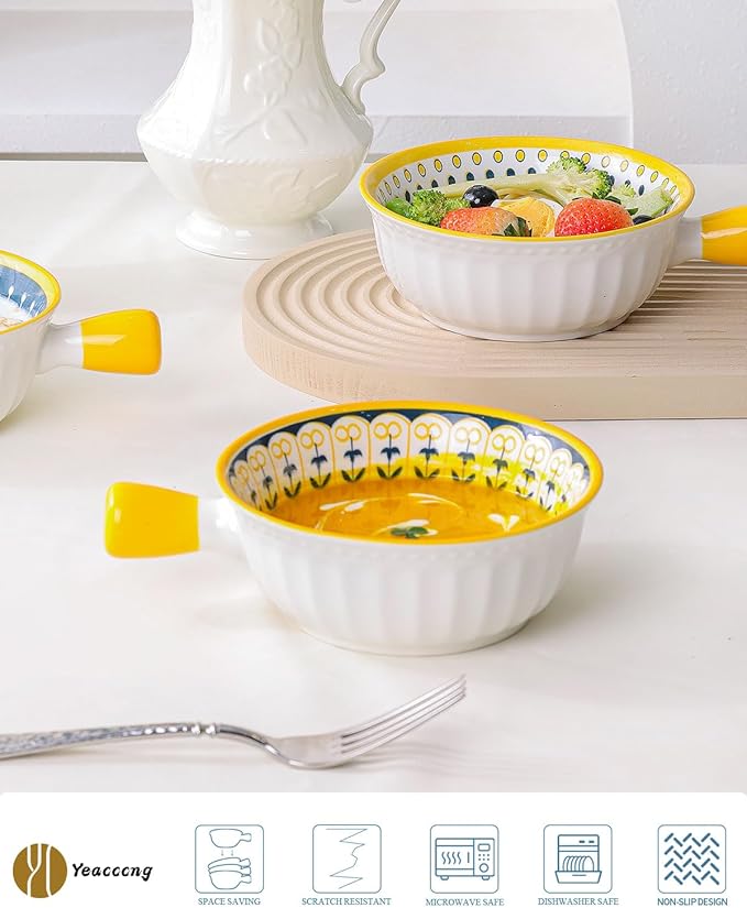 Yeacccng Bohemian French Onion Soup Bowls Set of 4-23 Oz Ceramic Soup Bowls with Handle, 6 Inch Soup Bowl for Kitchen, Oven/Microwave Safe, Lead-Free,Scratch-Resistant