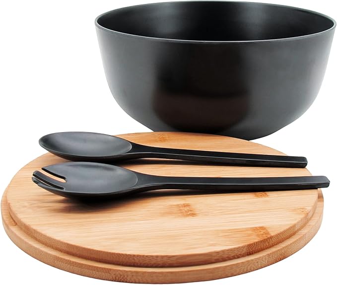 ECOWAY Bamboo Fiber Salad Bowl with Lid & Servers, 4Qt, Melamine Salad Serving Bowls Set with Bamboo Lid, Salad Mixing Bowl with Spoon Fork for Fruits Vegetables and Pasta (Black, 9.8inch)
