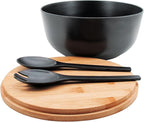 ECOWAY Bamboo Fiber Salad Bowl with Lid & Servers, 4Qt, Melamine Salad Serving Bowls Set with Bamboo Lid, Salad Mixing Bowl with Spoon Fork for Fruits Vegetables and Pasta (Black, 9.8inch)