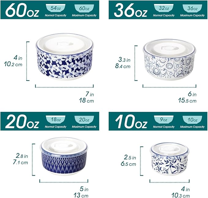 vancasso Ceramic Nesting Bowls with Lids Set of 4, Serving Bowls for Food Storage, Prep Bowl, Ceramic Bowl for Kitchen, Microwave & Dishwasher Safe, 60+36+20+10 Oz, Series SELENE
