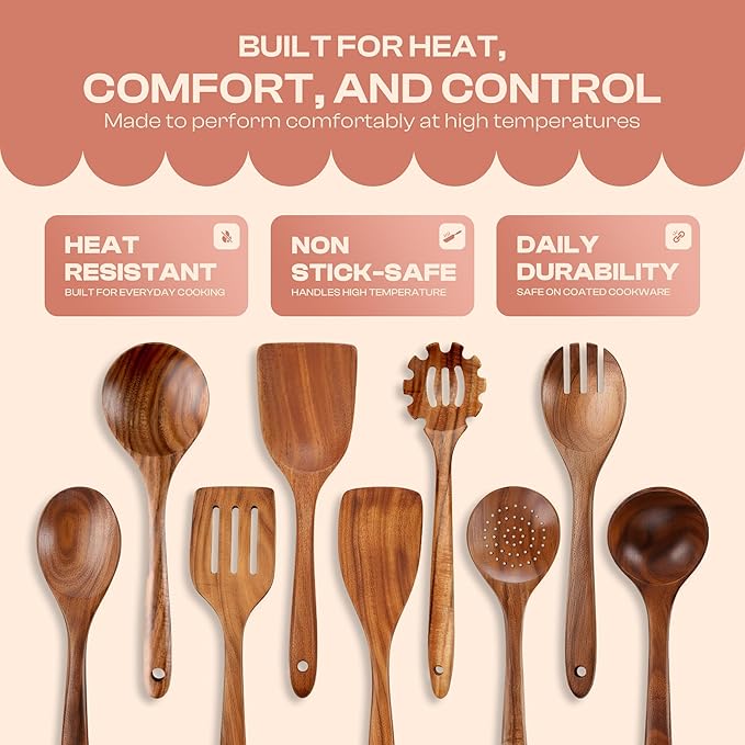 9-Piece Wooden Spoons for Cooking – Premium Teak Wood Utensil Set – Ergonomic Comfort-Grip Wood Tools Non-Stick Cookware Safe Easy to Clean Heat Resistant