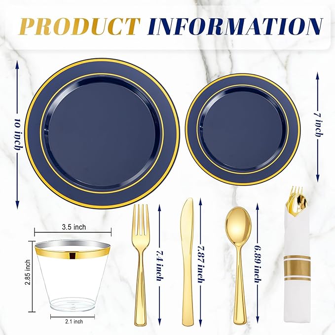 WDF Partyware 350PCS Navy Blue and Gold Plastic Plates with Rolled Napkins Include Dinner Plate 10’’, Dessert Plate 7’’, gold Cups 9 OZ, Pre Rolled Napkins for Birthday/Wedding/Party/Graduation