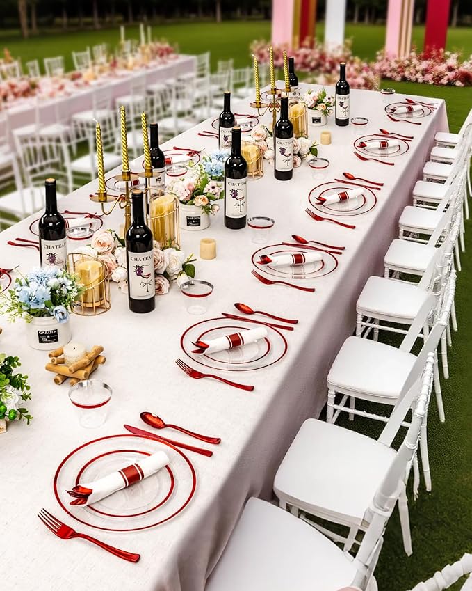 BESTVIP 350PCS Disposable Clear Red Dinnerware Sets for 50 Guests, Plastic Plates for Party, 100 Plastic Plates, 50 Cups, 50 Pre-Rolled Napkins with Cutlery for Parties, Christmas, Wedding