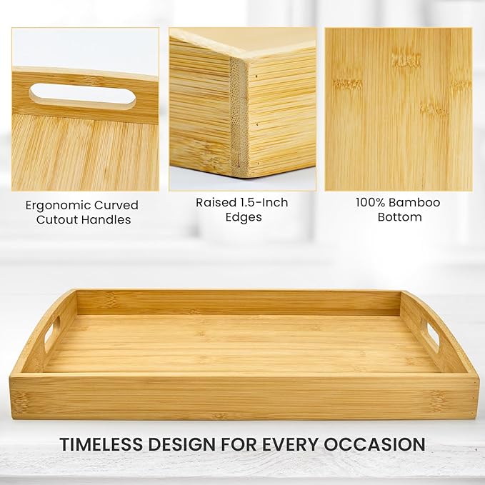 Bamboo Serving Tray with Handles Set of 2 - Decorative Wooden Trays for Eating, Working, and Storing, Suitable for Use in Bedroom, Living Room, Kitchen, Bathroom, Outdoor Scenarios and More