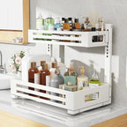 2 Pack 17IN-Depth Under Sink Organizer,Pull Out Cabinet Organizer With Smooth Cylindrical Rail,Metal Slide Out Drawer for Kitchen Bathroom Laundry,8-Level Tool Free Height Adjustable-White