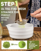 White Matcha Whisk Set - 5PCS Matcha Set Includes 17OZ Chawan with Spout, Bamboo Chasen Whisk with Ceramic Holder, Mat cha Scoop and Stainless Sifter, Matcha Kit for Ceremony, Gift for Matcha Lovers