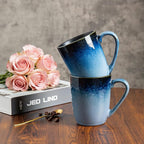 MONITO Large Ceramic Coffee Mugs Set with Handle for Tea/Latte/Cappuccino/Milk/Cocoa, Ice-Snow Blue 14oz, Set of 6, Funny Tea Cups for Office and Home