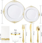 Morejoy 175PCS White and Gold Plastic Plates - Gold Plastic Dinnerware Set Include 25Dinner Plates, 25Dessert Plates 75Cutlery, 25Cups, 25Napkin Perfect for Party & Wedding