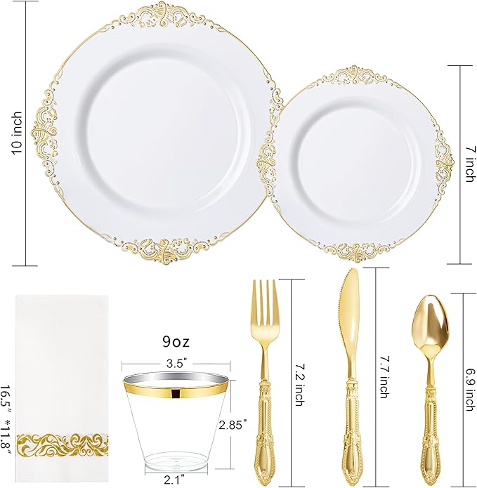 Morejoy 350PCS White and Gold Plastic Plates - Gold Plastic Dinnerware Set Include 50Dinner Plates, 50Dessert Plates 150Cutlery, 50Cups, 50Napkin Perfect for Party & Wedding