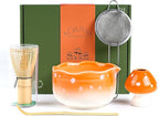 Matcha Whisk Set and Bowl, 5-Pieces Matcha Tea Ceremony Kit with Mushroom Design Gifts for Women Friends Lovers, Bamboo Whisk and Scoop, Orange