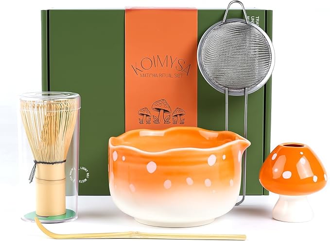 Matcha Whisk Set and Bowl, 5-Pieces Matcha Tea Ceremony Kit with Mushroom Design Gifts for Women Friends Lovers, Bamboo Whisk and Scoop, Orange