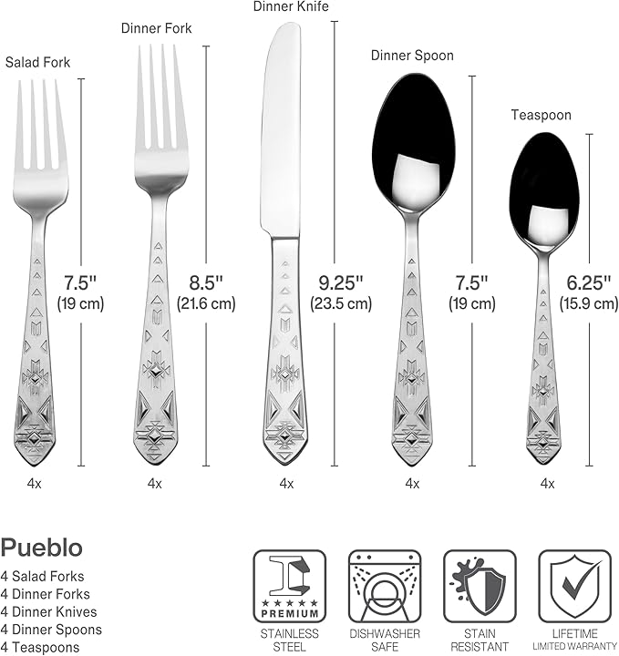 Towle Everyday Pueblo 20-Piece Stainless Steel Flatware Set, Service for 4 (Pack of 3)