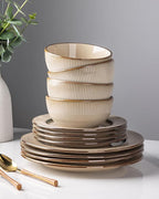 GBHOME Ceramic Dinnerware Sets,12 pcs Embossed Elegant Stoneware Plates and Bowls Sets, Housewarming Wedding Gift | Dishwasher & Microwave Safe | Dishes Set Service for 6