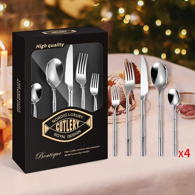 20 Pieces Bamboo Flatware Set Silverware Set Service for 4 Stainless Steel Fine Vintage Flatware Cutlery Set with Bamboo Design Handle Forged Restaurant Hotel Party Wedding Housewarming Gift Polished
