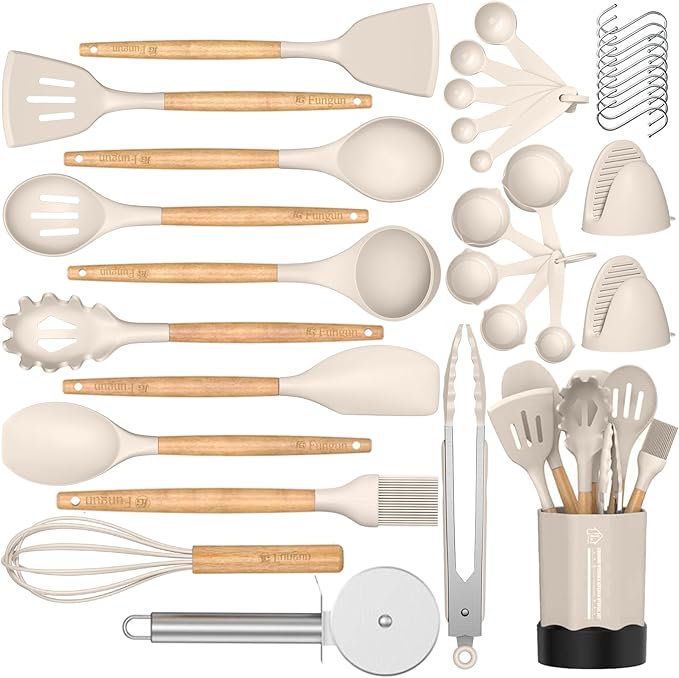 Kitchen Cooking Utensil Set, Fungun 35 pcs Cooking Utensils - Nonstick Kitchen Utensils Cookware Set Spatula Set -Kitchen Gadgets Utensils Set, Kitchen Tools Gift-khaki