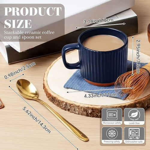 6 Set Ceramic Coffee Mugs with Spoons Set, Textured Ceramic Mugs with Handle, Dishwasher Microwave Safe, Aesthetic Tea Mug for Home Office, Coffee Lover Gift (Dark Blue)