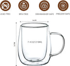 Wlasss Espresso Cups, 7.4oz/210ml Double Walled Glass Coffee Mugs Set of 4, Clear Hand Blown Insulated Glass Coffee Cups with Handle for Espresso, Cappuccino, Latte, Americano, Coffee Lovers Gift