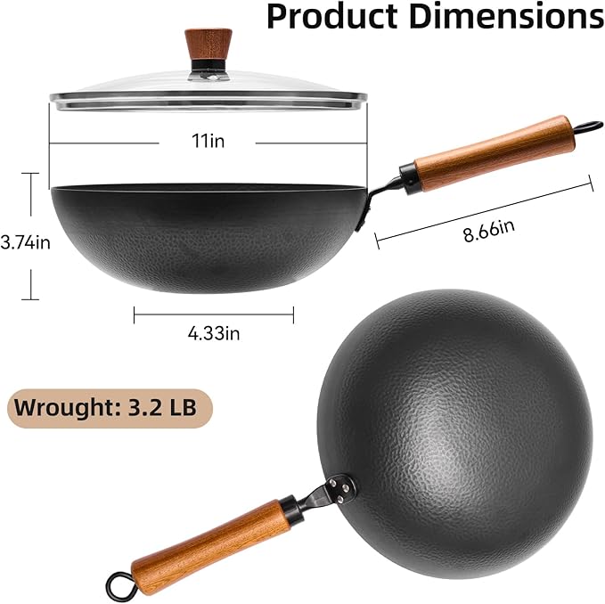 11" Round Bottom Carbon Steel Wok, Traditional Chinese Stir Fry Pan for Gas Stove & Wok Ring, Round-Bottom Induction Wok Burner Compatible, Uncoated Small Wok Pan