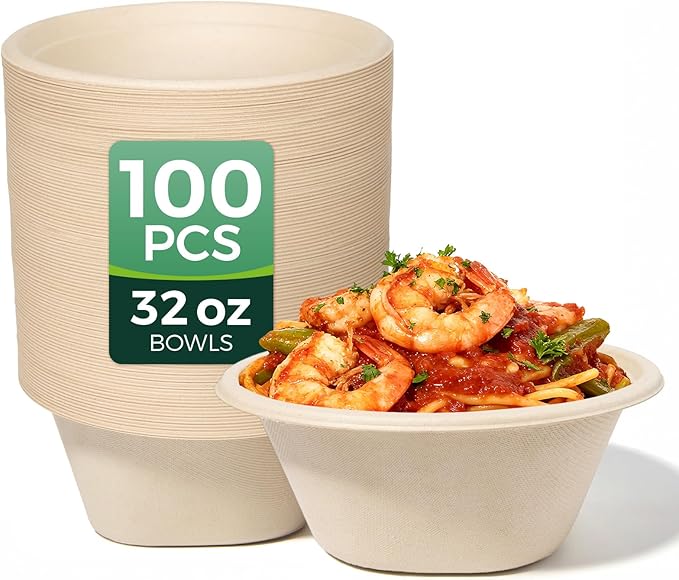 32 OZ Large Disposable Paper Bowls - Heavy Duty and Compostable - Made from Eco-friendly Sugarcane Bagasse - Biodegradable Bowls for Soup, Salad, Dessert, Ice Cream [100 Pack]
