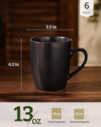 famiware Venus Coffee Mugs for 6, 14 oz Mug Set, Dringking Cup with Handle for Coffee, Tea, Cocoa, Milk, Matte Black