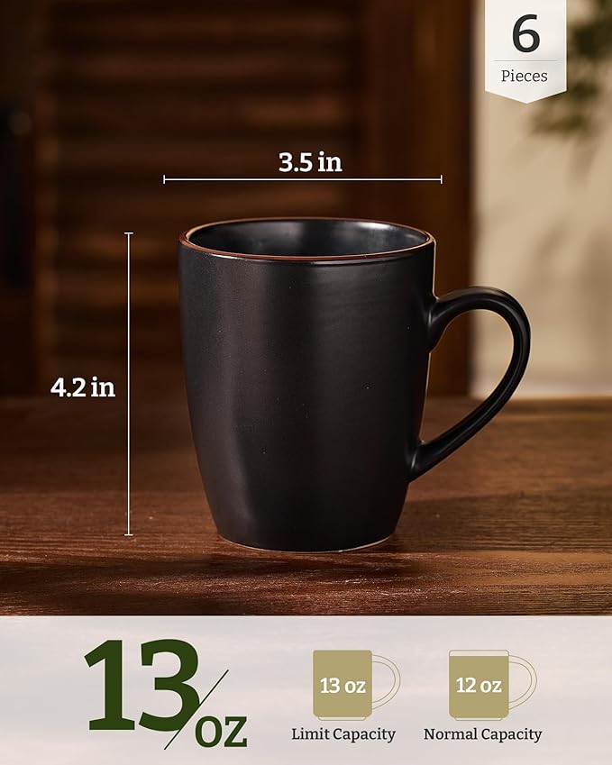 famiware Venus Coffee Mugs for 6, 14 oz Mug Set, Dringking Cup with Handle for Coffee, Tea, Cocoa, Milk, Matte Black