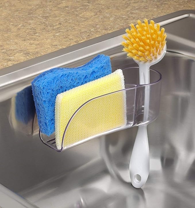 Spectrum Royo Clear Sponge and Brush Holder for Kitchen Sink with Dual Suction Cups, Sink Holder for Brush and Sponge, Kitchen Sponge and Brush Holder Frees Counter Space with Water Drain Design