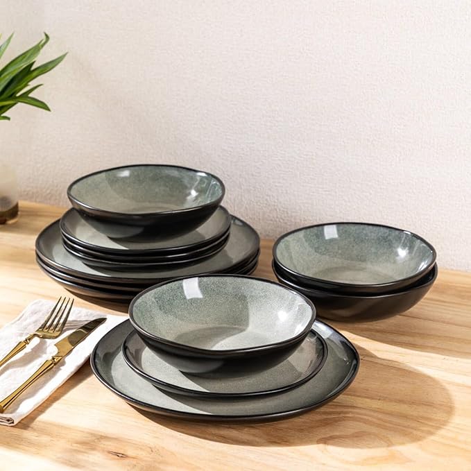 AmorArc Ceramic Dinnerware Sets,Handmade Reactive Glaze Stoneware Plates and Bowls Sets,Highly Scratch Resistant | Dishwasher & Microwave Safe Dishes Set,Service for 4 (12pc)