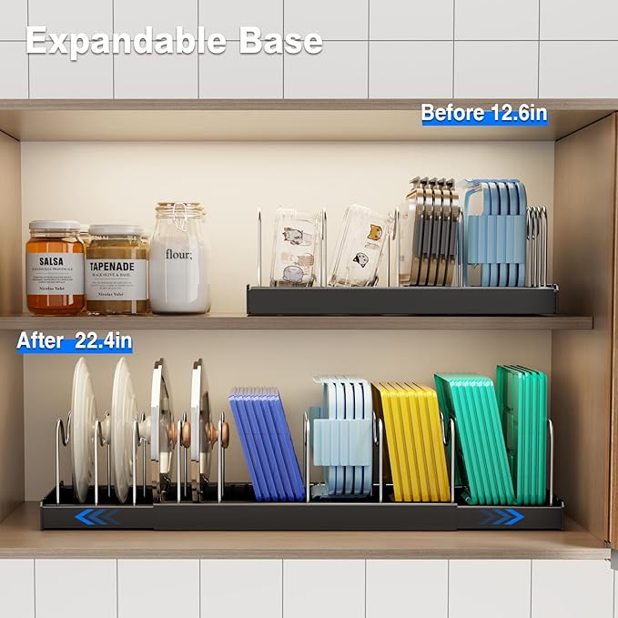 2 Pack Pots and Pans Organizer under Cabinet, 22" Expandable Food Storage Container Lid Organizer with 9 Adjustable Stainless Steel Dividers, ABS Base, Countertop Rack, Black