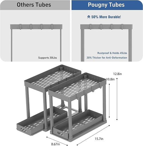 2PC Under Sink Organizer Rack 2 Tier Under Sliding Cabinet Basket Organizer Drawer with 4 Hooks, Multi-purpose Under Sink Storage for Bathroom Kitchen Desktop（Grey）