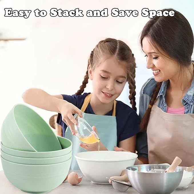 Unbreakable Wheat Straw Cereal Bowls Set of 4, 24 OZ Microwave and Dishwasher Safe Lightweight Soup and Salad Bowl Sets, Reusable Dessert Bowls for Rice, Pasta, Snack, Fruit, BPA Free (Green)