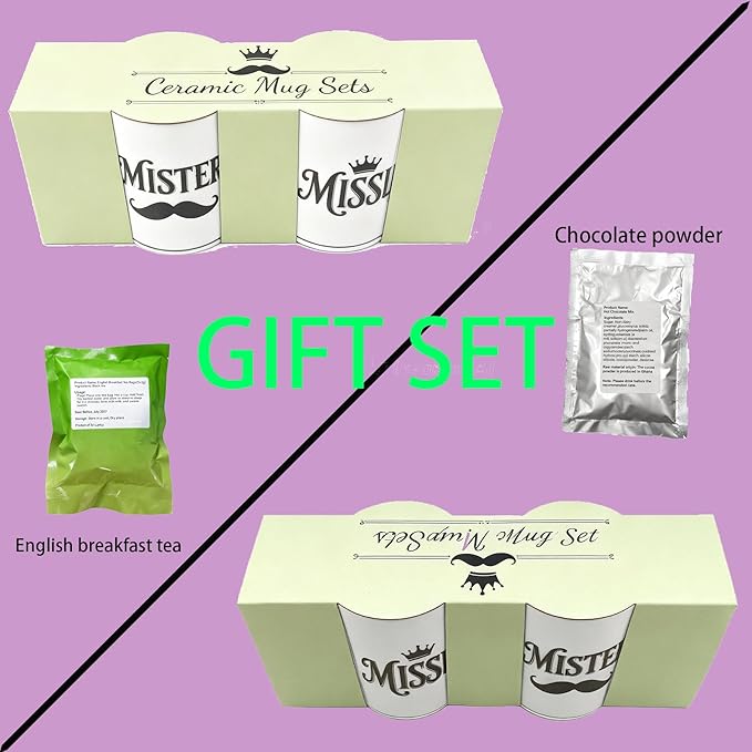 Couples Mug Set“Mister & Missus” Ceramic Coffee Mugs Set of 2, His & Hers Gift Set with Hot Coco Mix & English Breakfast Tea Gift Boxed for Anniversary, Wedding or Valentine’s Day Present